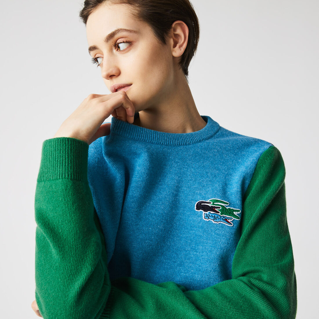 Lacoste Crew Neck Crocodiles Badge Colorblock Wolle Sweatshirts Damen Blau | GHEP-59402