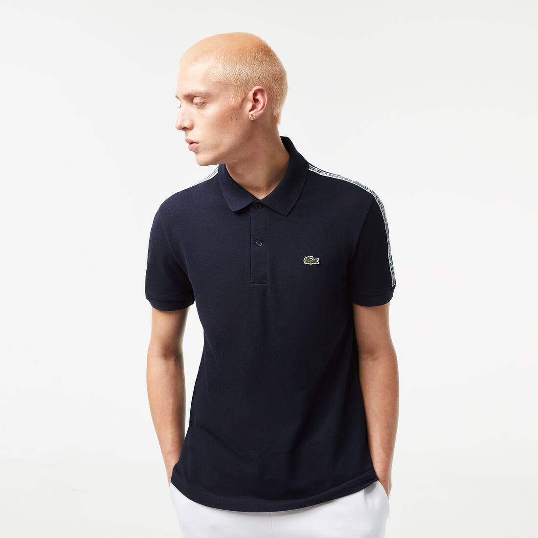 Lacoste Logo Stripe Piqué Polo Shirts Herren Navy Blau | OGQD-91320