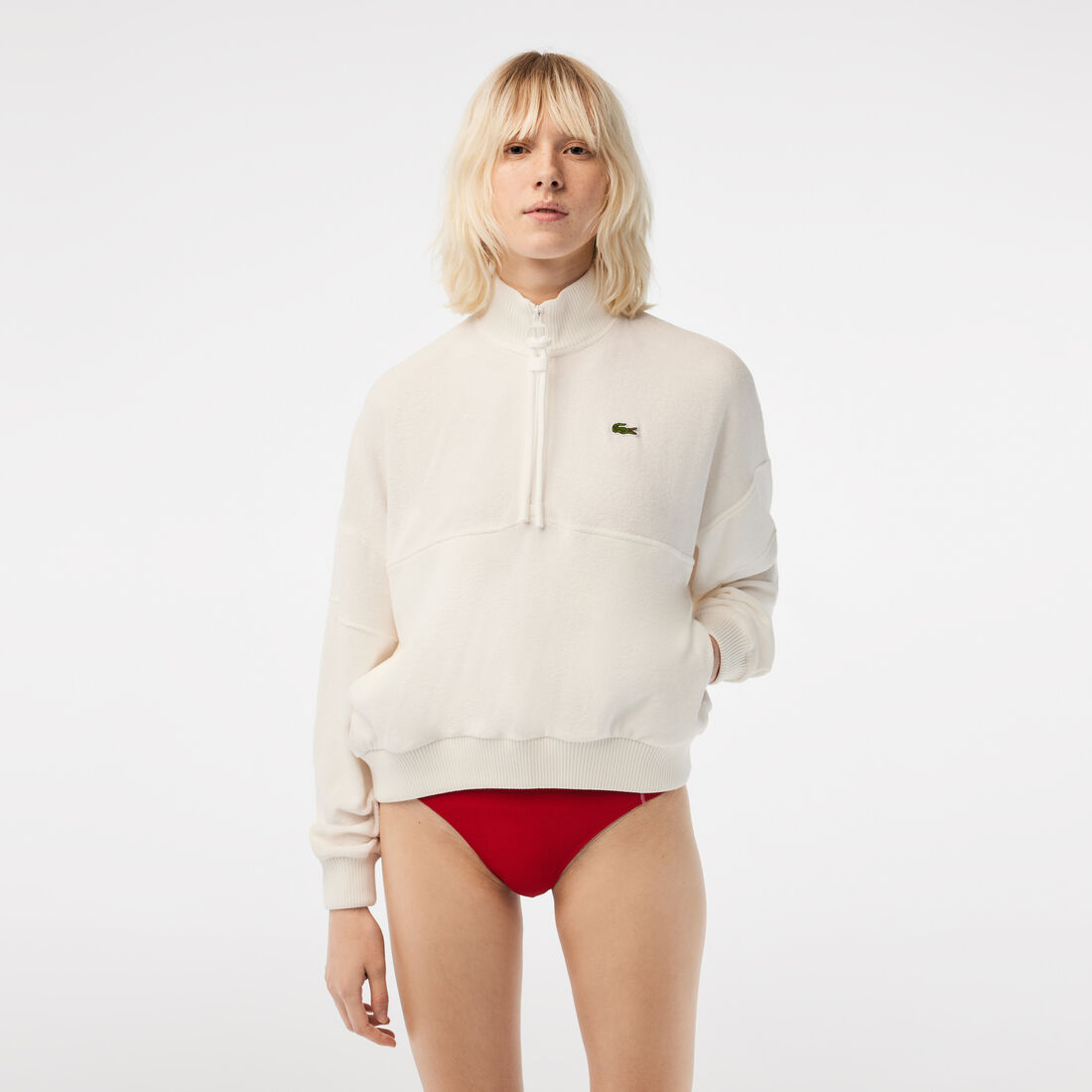 Lacoste Oversize High Neck Zipped Fleece Sweatshirts Damen Weiß | MTBI-32650
