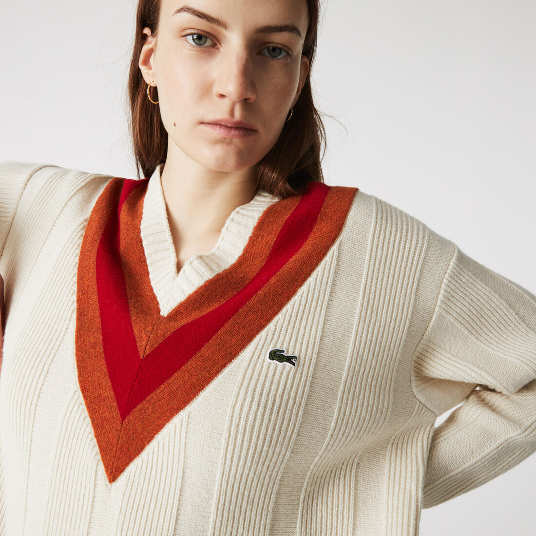 Lacoste V-neck Gestreift Textured Wolle Sweatshirts Damen Mehrfarbig | GIWX-64312