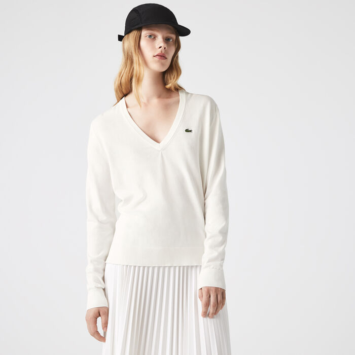 Lacoste V-neck Organic Baumwoll Sweatshirts Damen Weiß | KZAB-36597