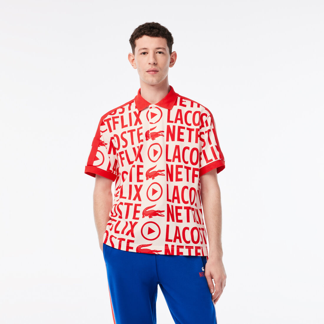 Lacoste X Netflix Loose Fit Organic Baumwoll Print Polo Shirts Herren Weiß Rot | WNZK-35271