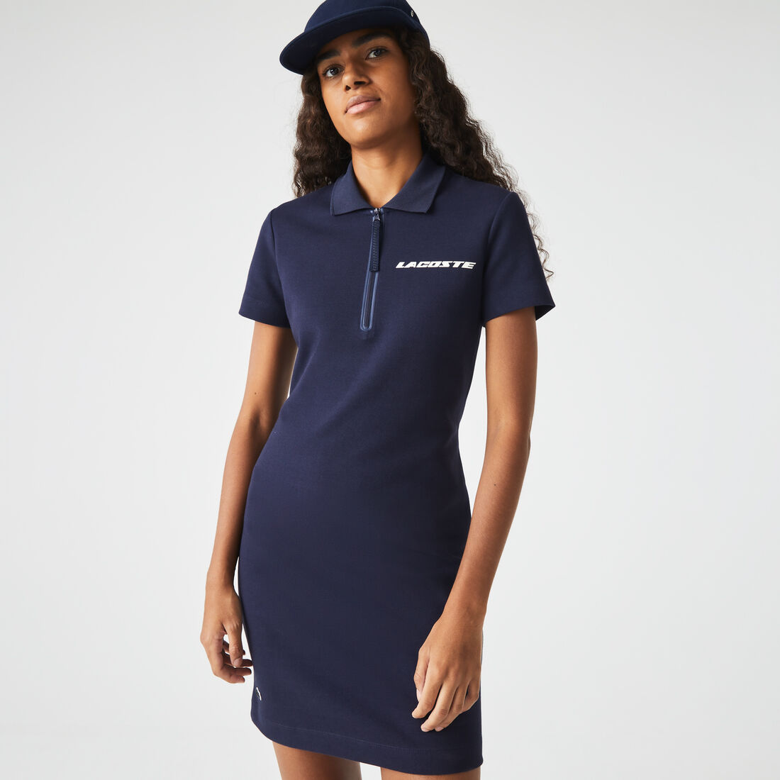 Lacoste Contrast Branded Two-ply Jersey Kleider Damen Navy Blau | LUBF-64385