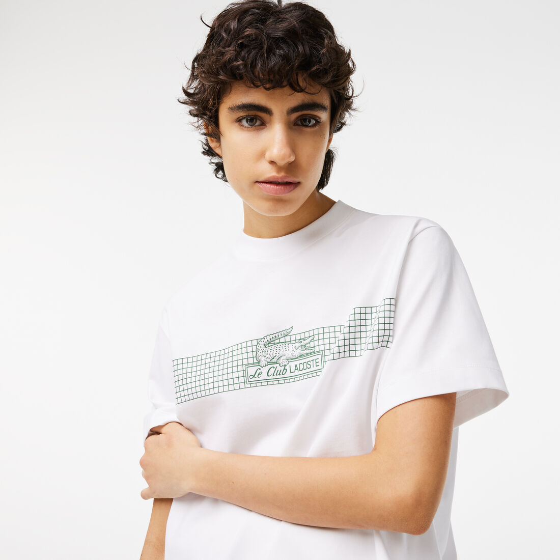 Lacoste Oversize Net Print Jersey T-shirts Damen Weiß | TCHV-35916