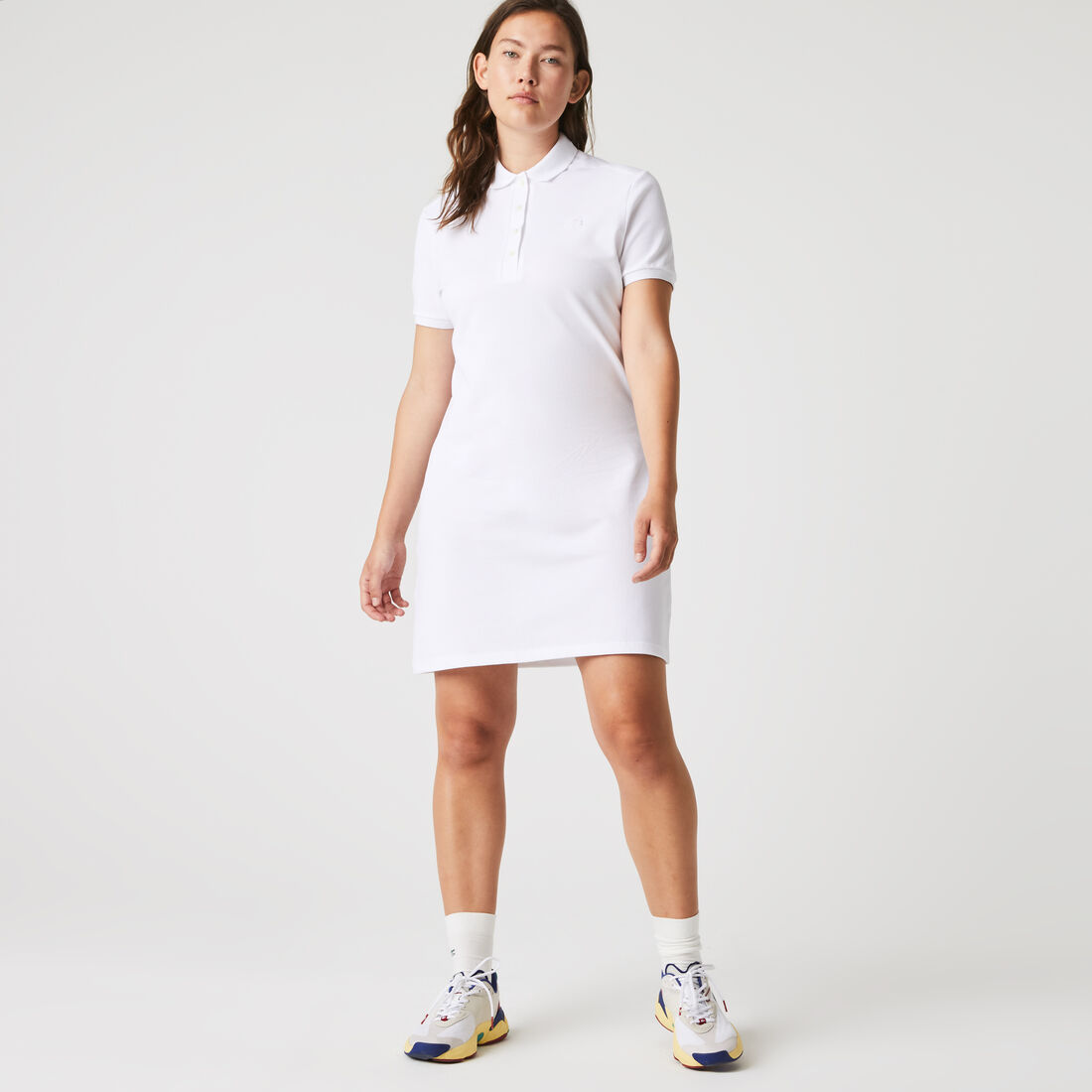 Lacoste Stretch Baumwoll Piqué Kleider Damen Weiß | FNKS-35094