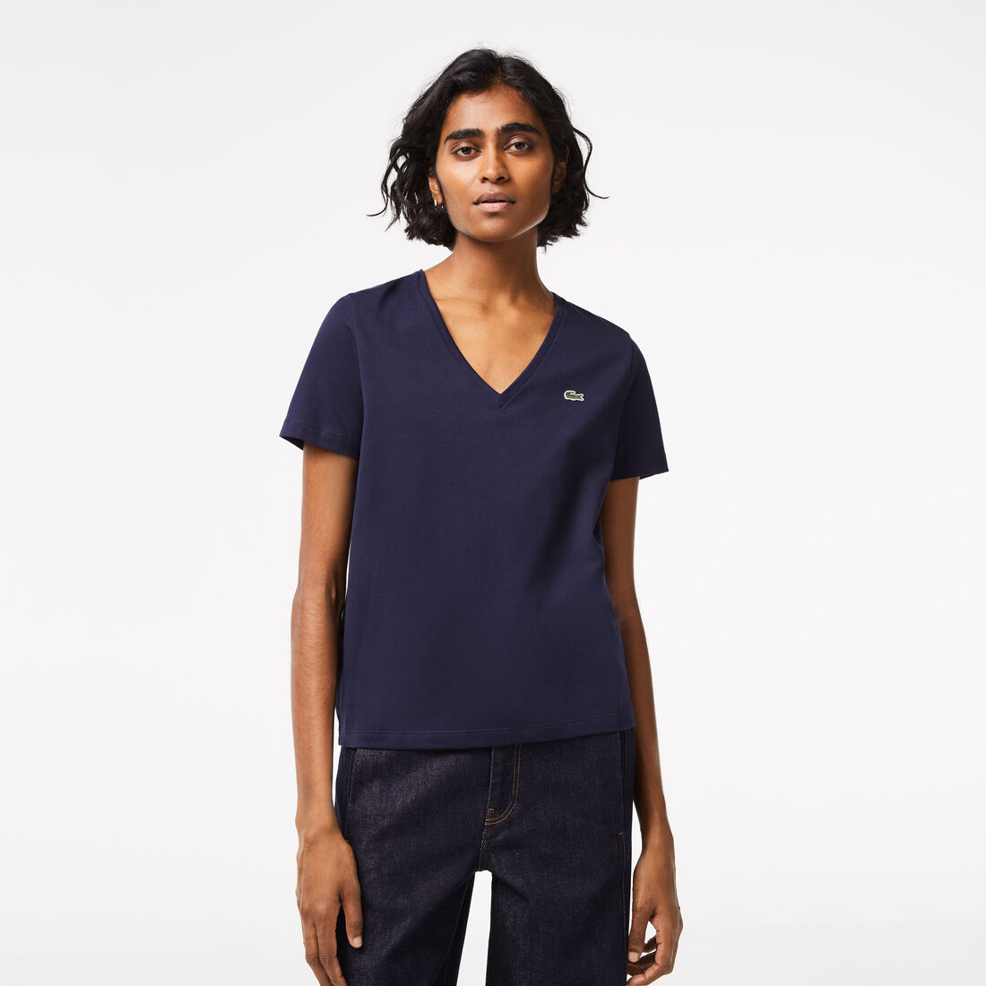 Lacoste V-neck Loose Fit Baumwoll T-shirts Damen Navy Blau | CWUD-35784
