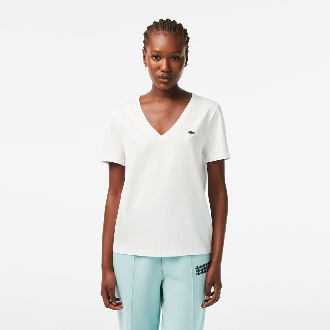 Lacoste V-neck Loose Fit Baumwoll T-shirts Damen Weiß | IWZN-35478